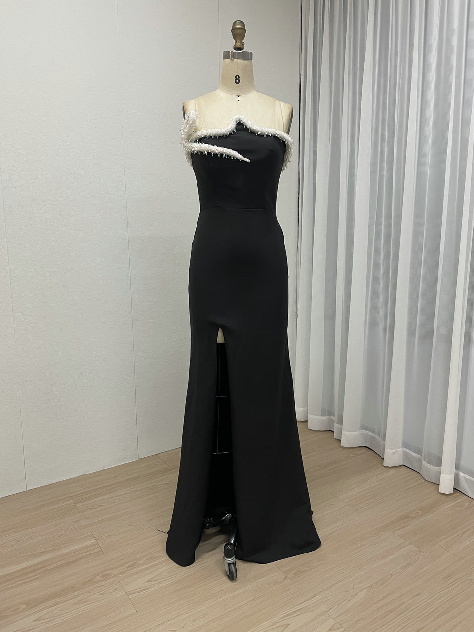 Black Feather Strapless Evening Dress Mermaid High Slit Formal Gown MY30129