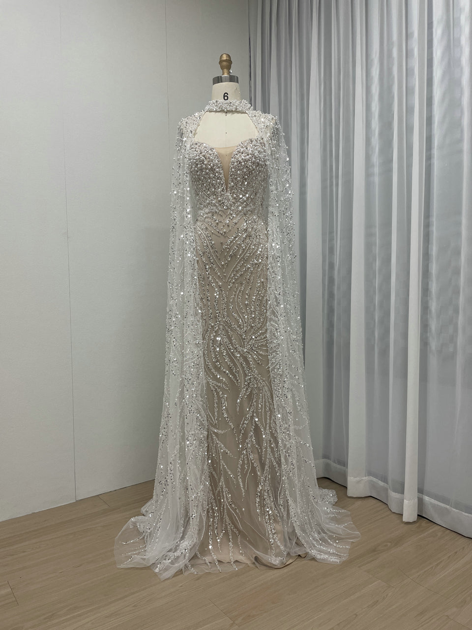 Ivory Sequin Beaded Evening Dress with Detachable Cape Formal Gown MY30130