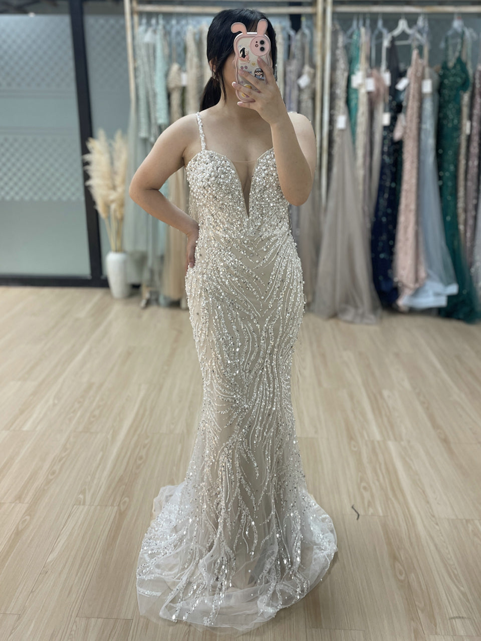 Ivory Sequin Beaded Evening Dress with Detachable Cape Formal Gown MY30130