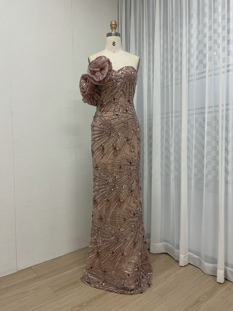 Elegant Floral Rose Gold Off-Shoulder Dress for Formal Occasions MY30131
