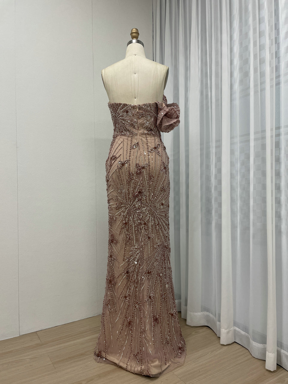 Elegant Floral Rose Gold Off-Shoulder Dress for Formal Occasions MY30131