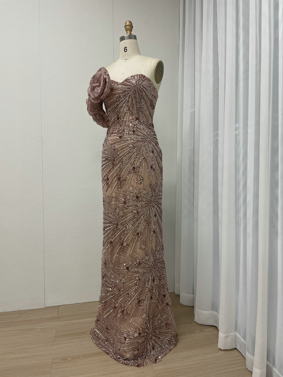 Elegant Floral Rose Gold Off-Shoulder Dress for Formal Occasions MY30131