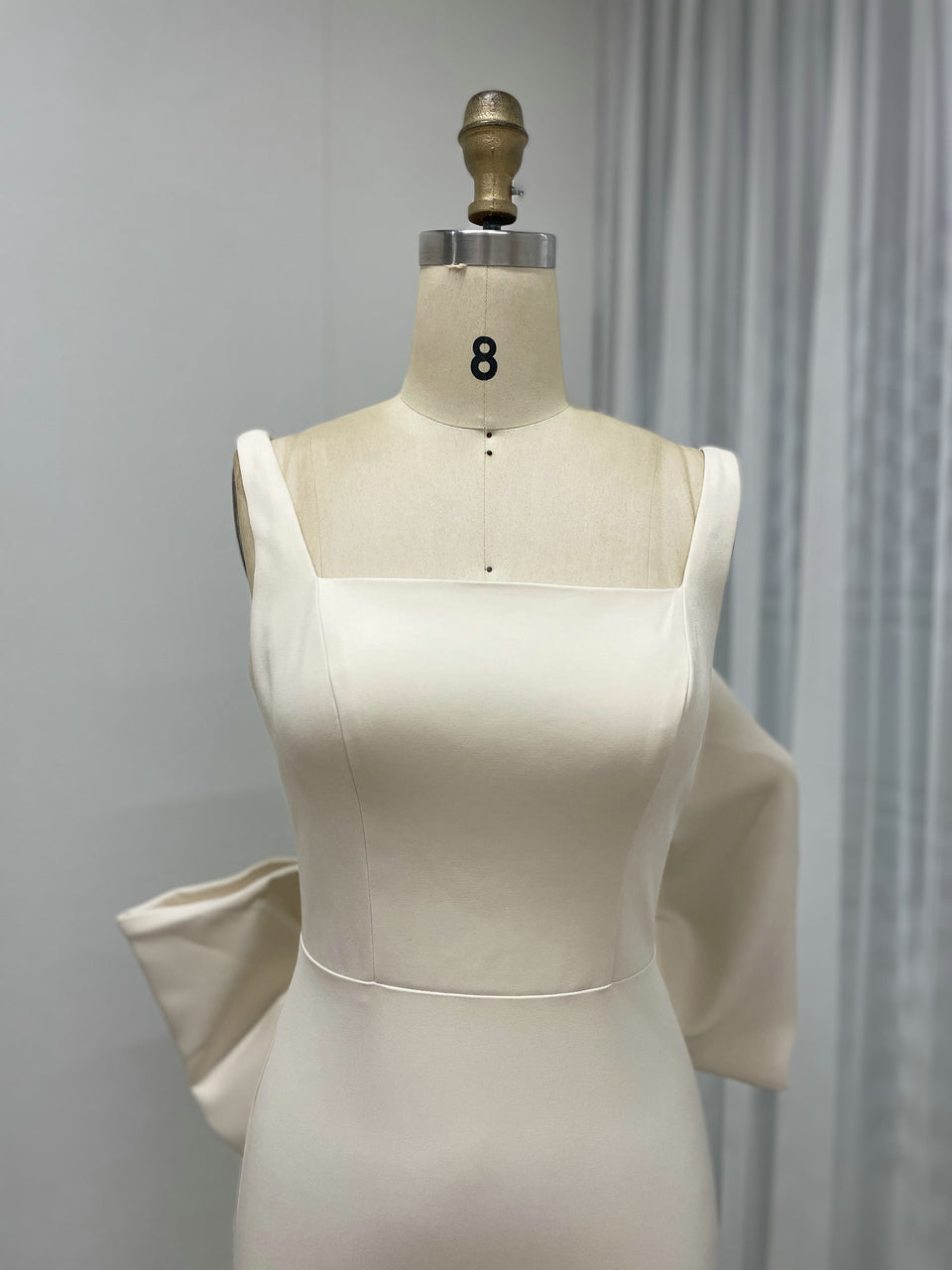 Beige Satin Mermaid Evening Dress Square Neck Bow Accent Slit Gown MY30132
