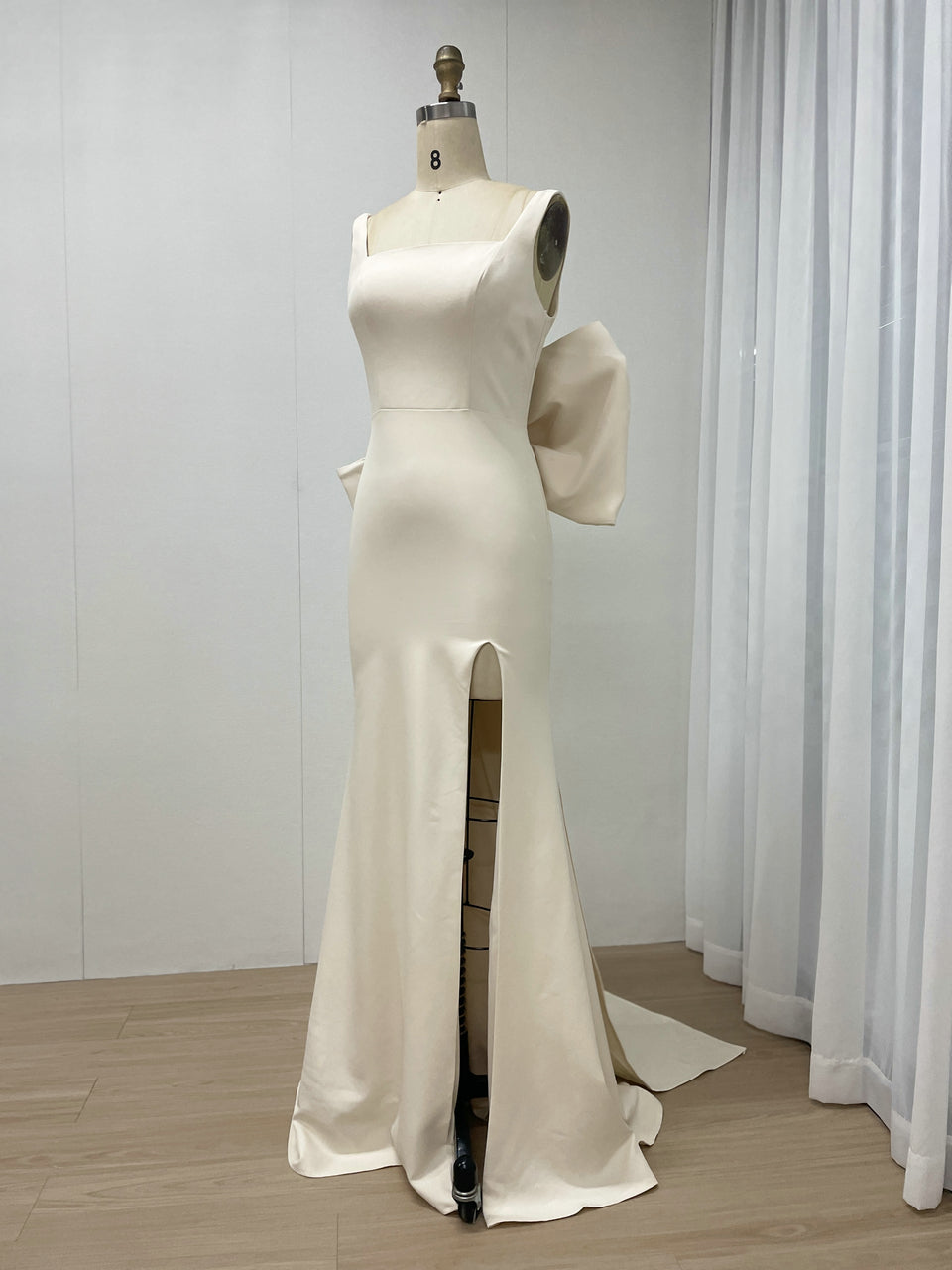 Beige Satin Mermaid Evening Dress Square Neck Bow Accent Slit Gown MY30132