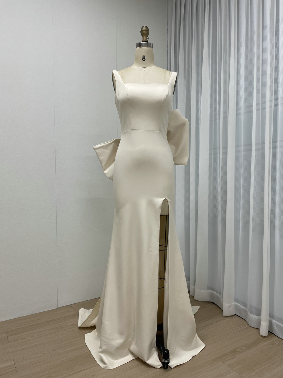 Beige Satin Mermaid Evening Dress Square Neck Bow Accent Slit Gown MY30132