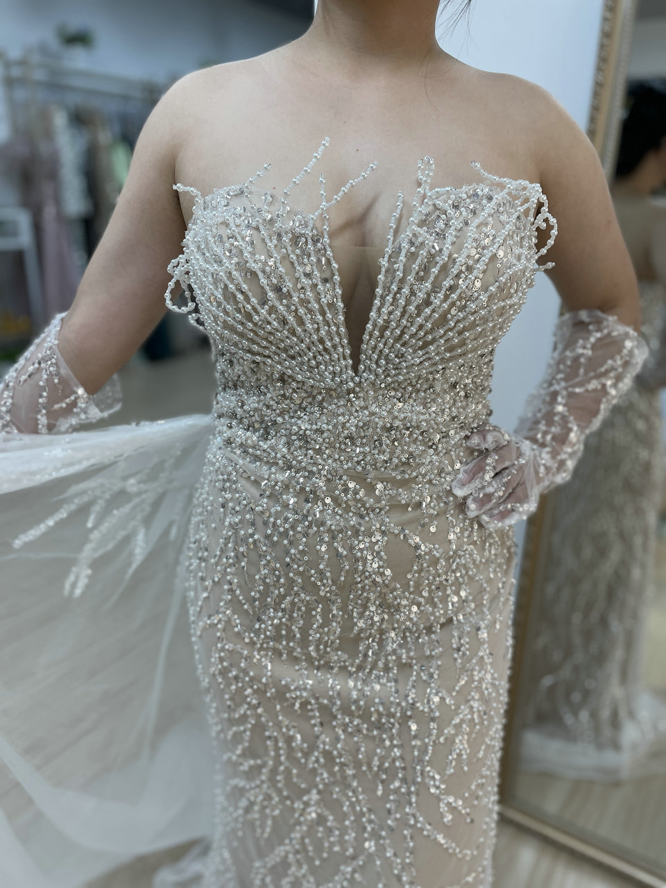 Exquisite White Beaded Mermaid Gown for Weddings MY30134