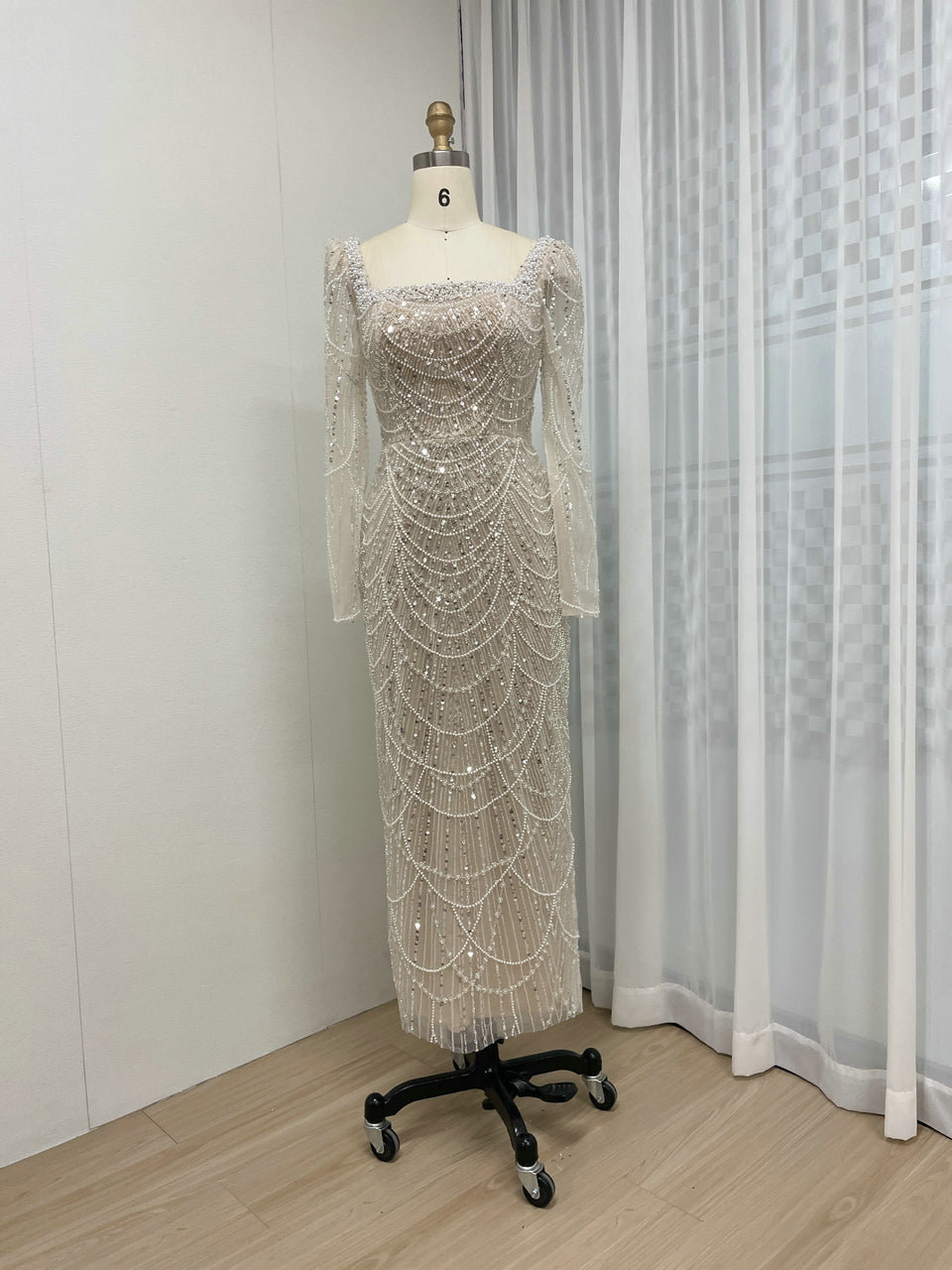 Chic Long-Sleeve Red beaded Gown for Gala Nights MY30137