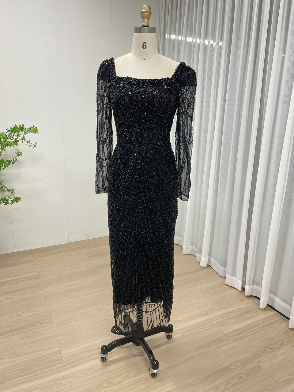 Chic Long-Sleeve Red beaded Gown for Gala Nights MY30137