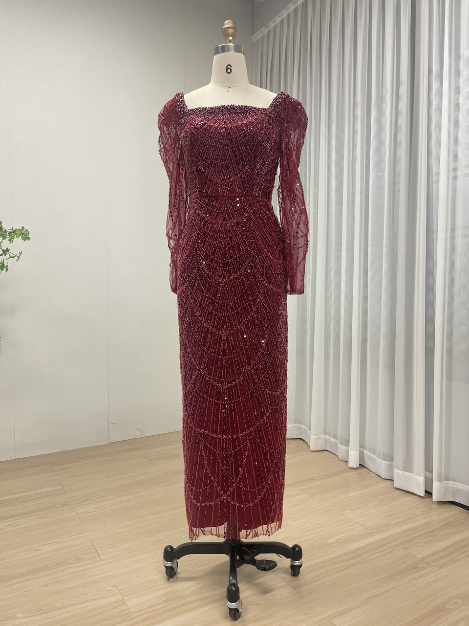 Chic Long-Sleeve Red beaded Gown for Gala Nights MY30137
