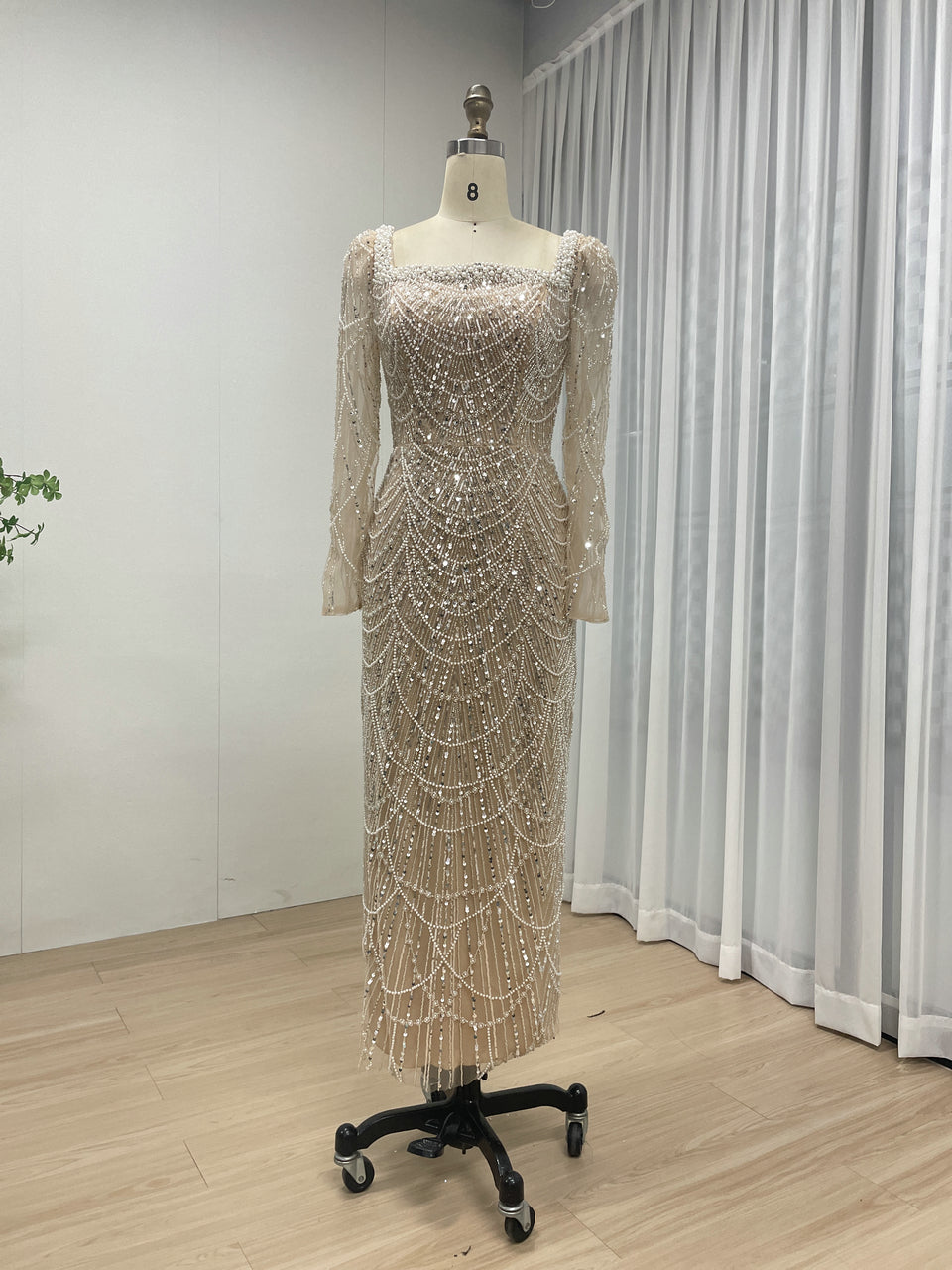 Chic Long-Sleeve Red beaded Gown for Gala Nights MY30137