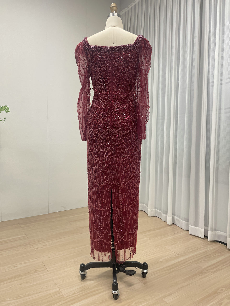 Chic Long-Sleeve Red beaded Gown for Gala Nights MY30137