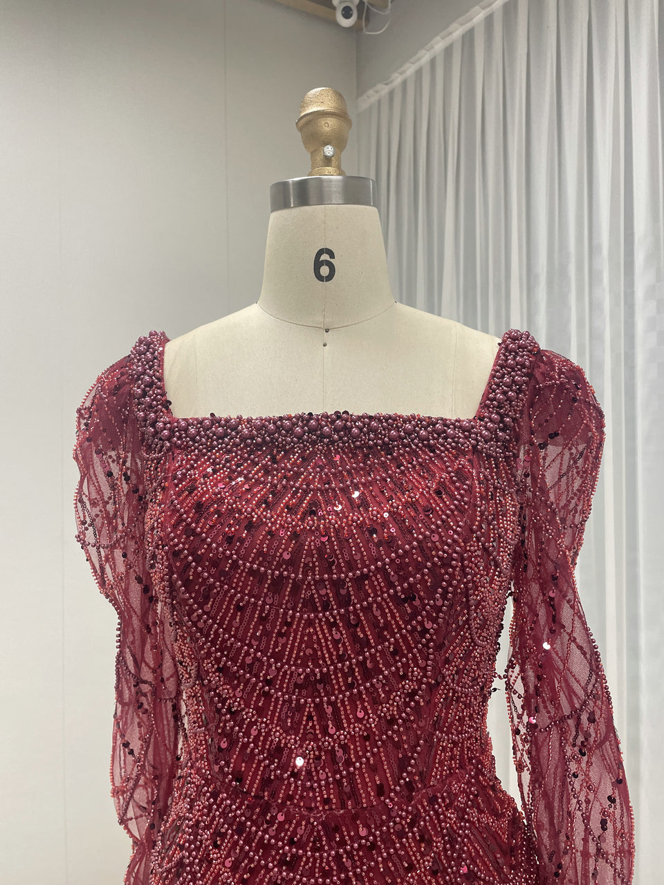 Chic Long-Sleeve Red beaded Gown for Gala Nights MY30137