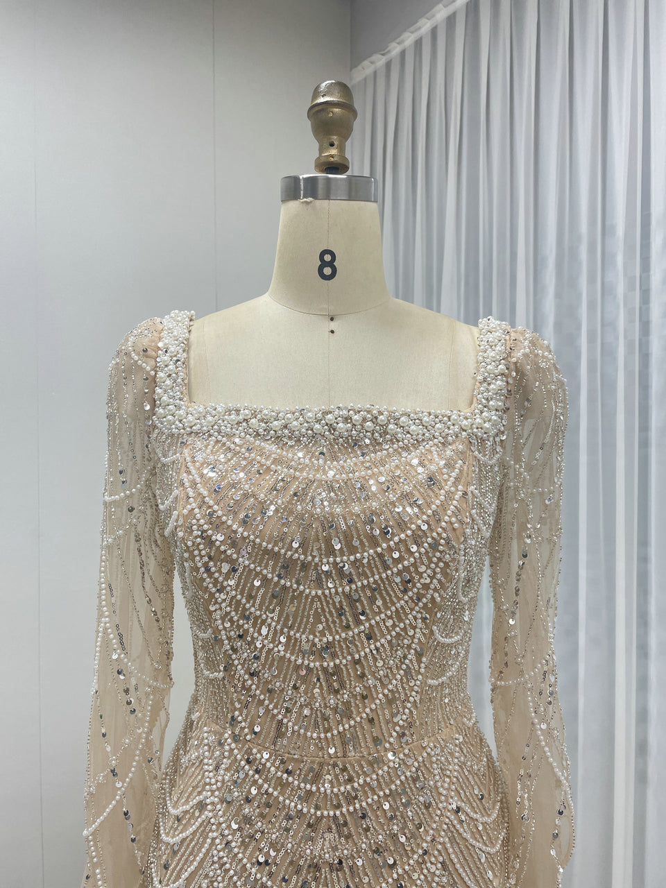 Chic Long-Sleeve Red beaded Gown for Gala Nights MY30137