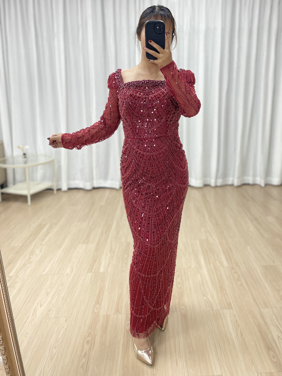 Chic Long-Sleeve Red beaded Gown for Gala Nights MY30137