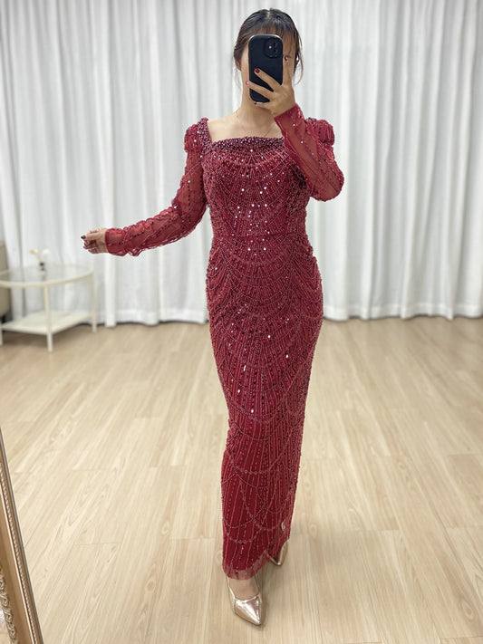 Chic Long-Sleeve Red beaded Gown for Gala Nights MY30137