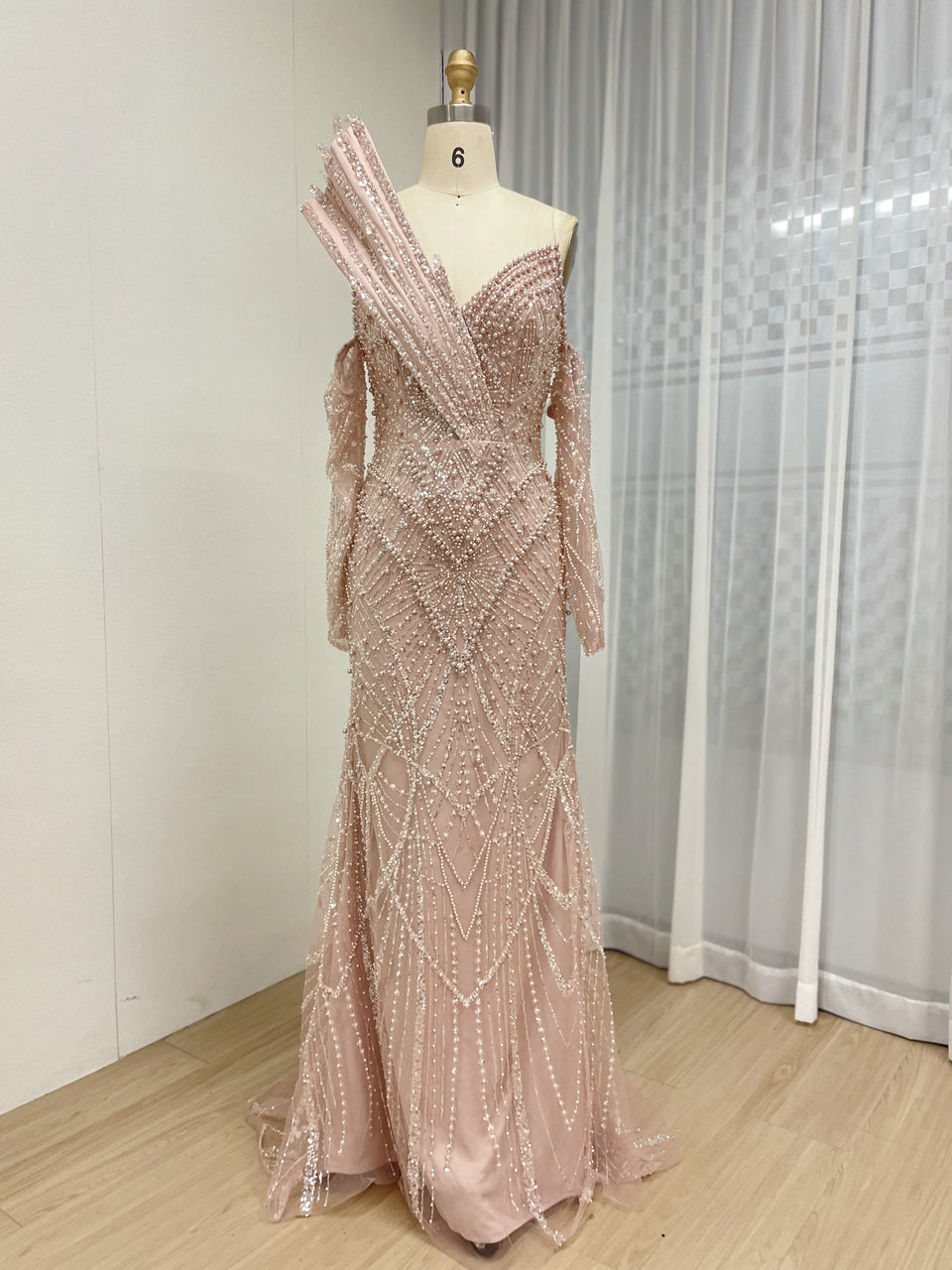 One-Shoulder Asymmetric Sleeve Formal Dress Beaded Geometric Mermaid Prom MY30139