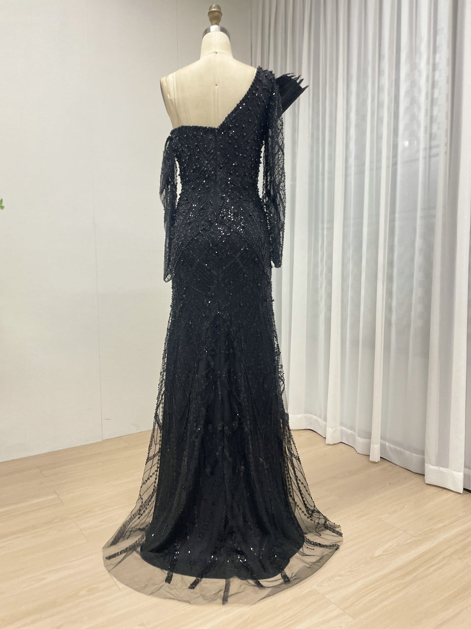 One-Shoulder Asymmetric Sleeve Formal Dress Beaded Geometric Mermaid Prom MY30139
