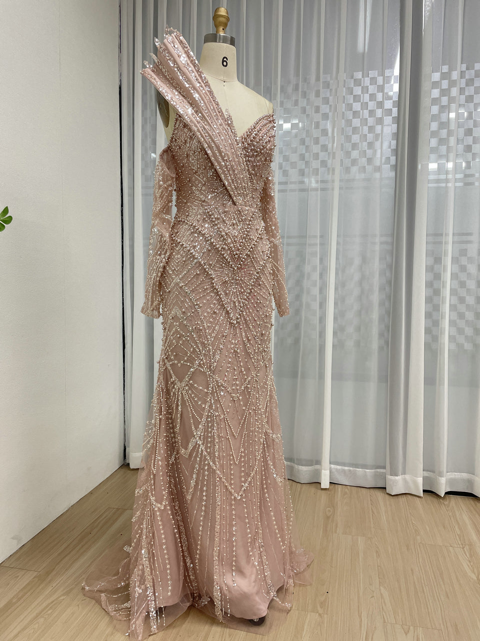 One-Shoulder Asymmetric Sleeve Formal Dress Beaded Geometric Mermaid Prom MY30139