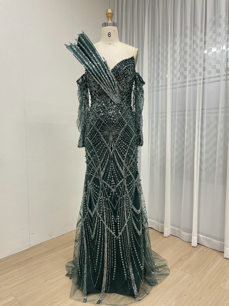 One-Shoulder Asymmetric Sleeve Formal Dress Beaded Geometric Mermaid Prom MY30139