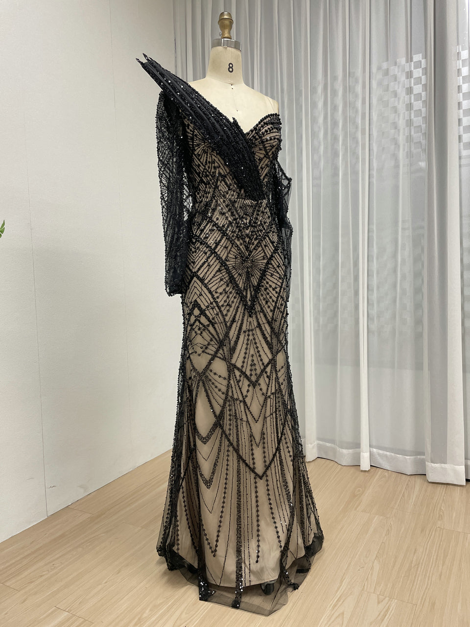 One-Shoulder Asymmetric Sleeve Formal Dress Beaded Geometric Mermaid Prom MY30139