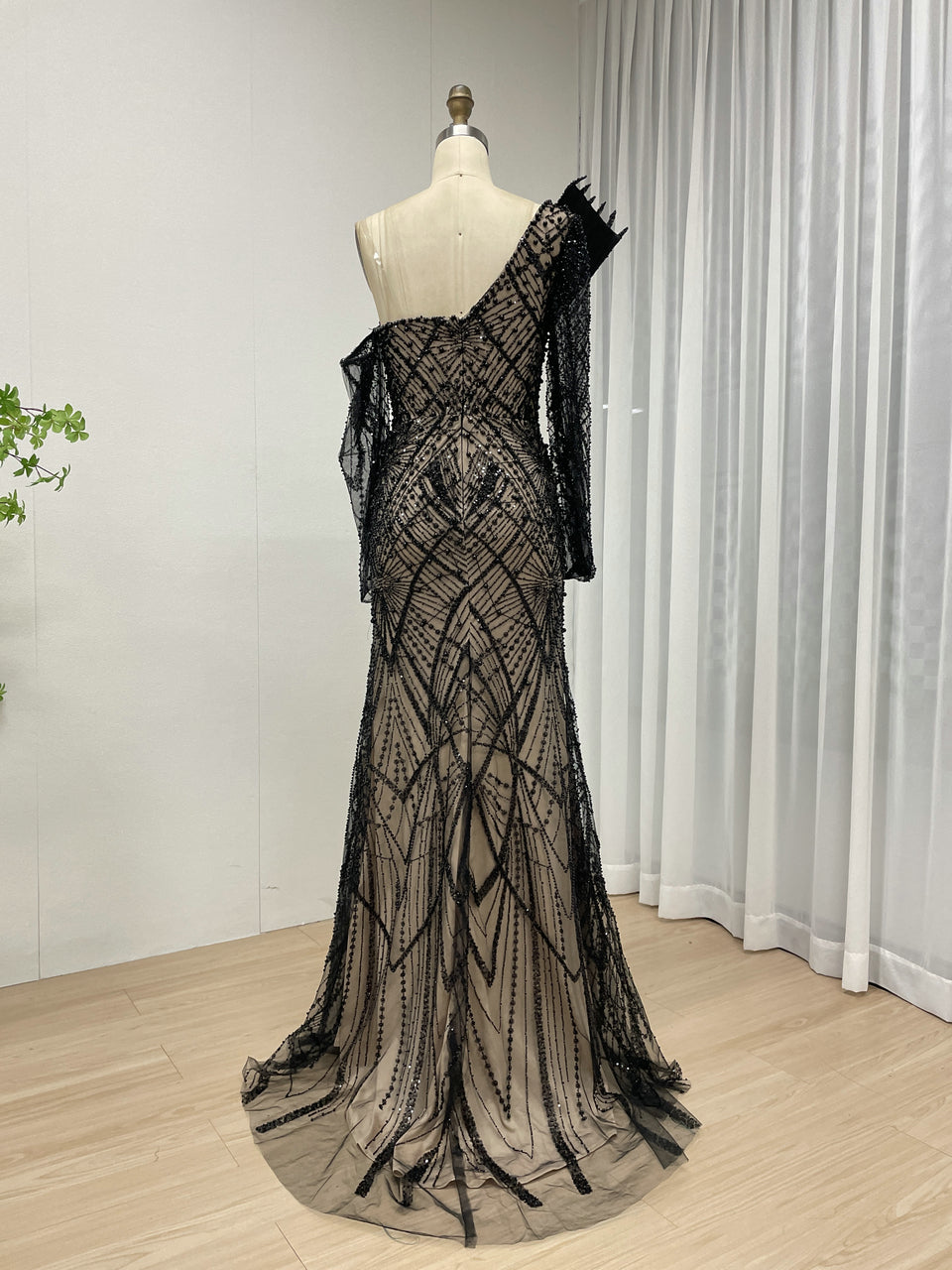 One-Shoulder Asymmetric Sleeve Formal Dress Beaded Geometric Mermaid Prom MY30139