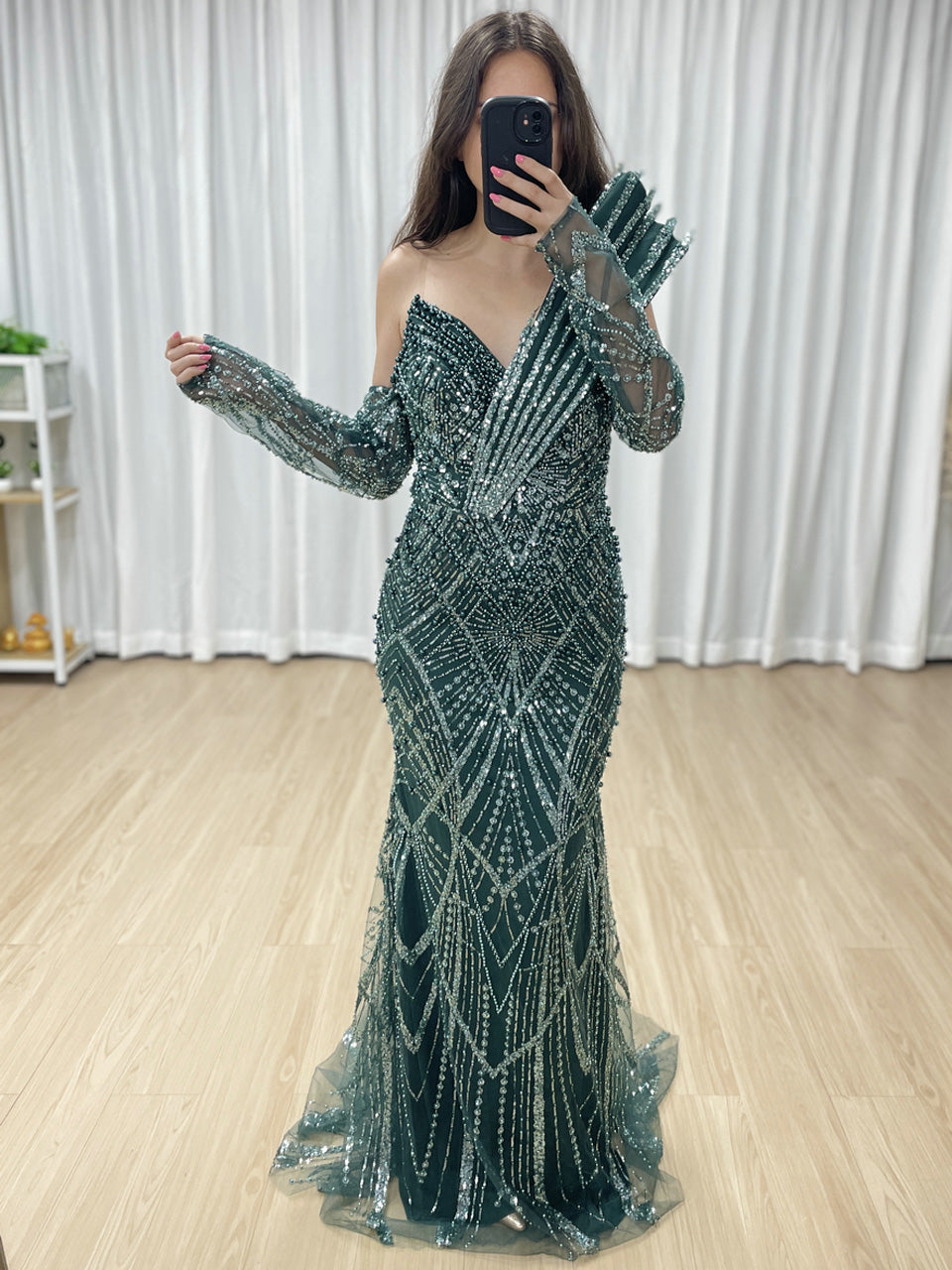 One-Shoulder Asymmetric Sleeve Formal Dress Beaded Geometric Mermaid Prom MY30139