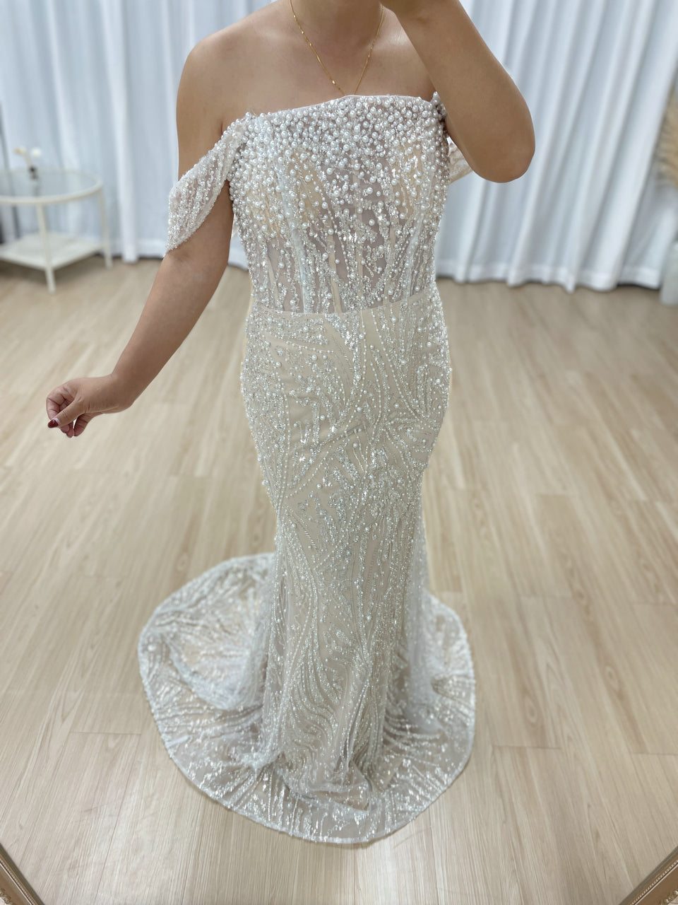 Luxury Strapless Pearl Beaded Mermaid Evening Dress Ivory Tulle Gown for Prom MY30140