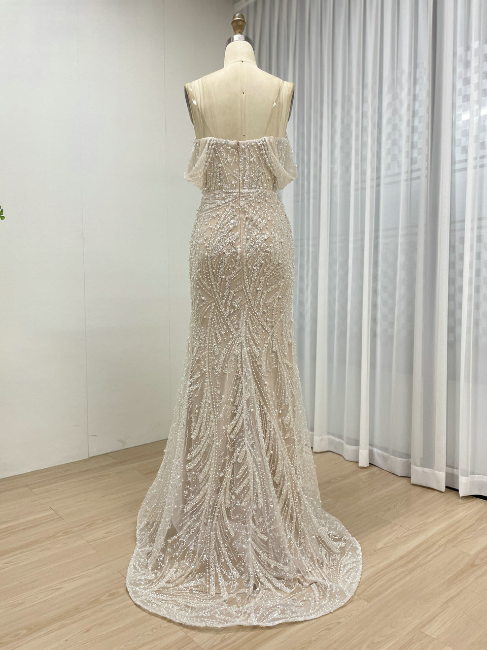 Luxury Strapless Pearl Beaded Mermaid Evening Dress Ivory Tulle Gown for Prom MY30140
