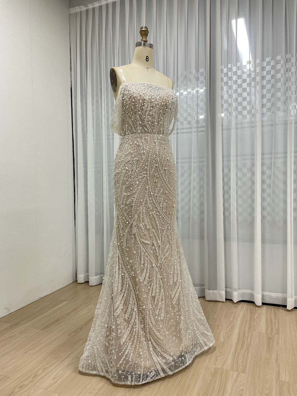 Luxury Strapless Pearl Beaded Mermaid Evening Dress Ivory Tulle Gown for Prom MY30140