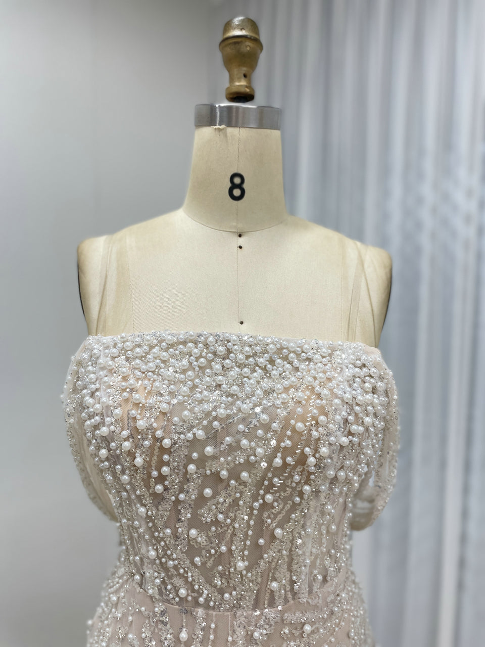 Luxury Strapless Pearl Beaded Mermaid Evening Dress Ivory Tulle Gown for Prom MY30140