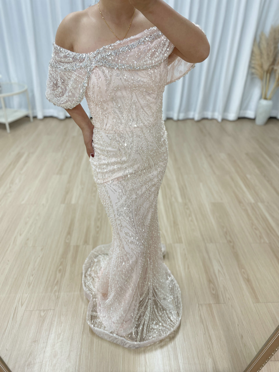Blush Pink Off-Shoulder Beaded Mermaid Evening Dress Luxury Pearl Embellish MY30141