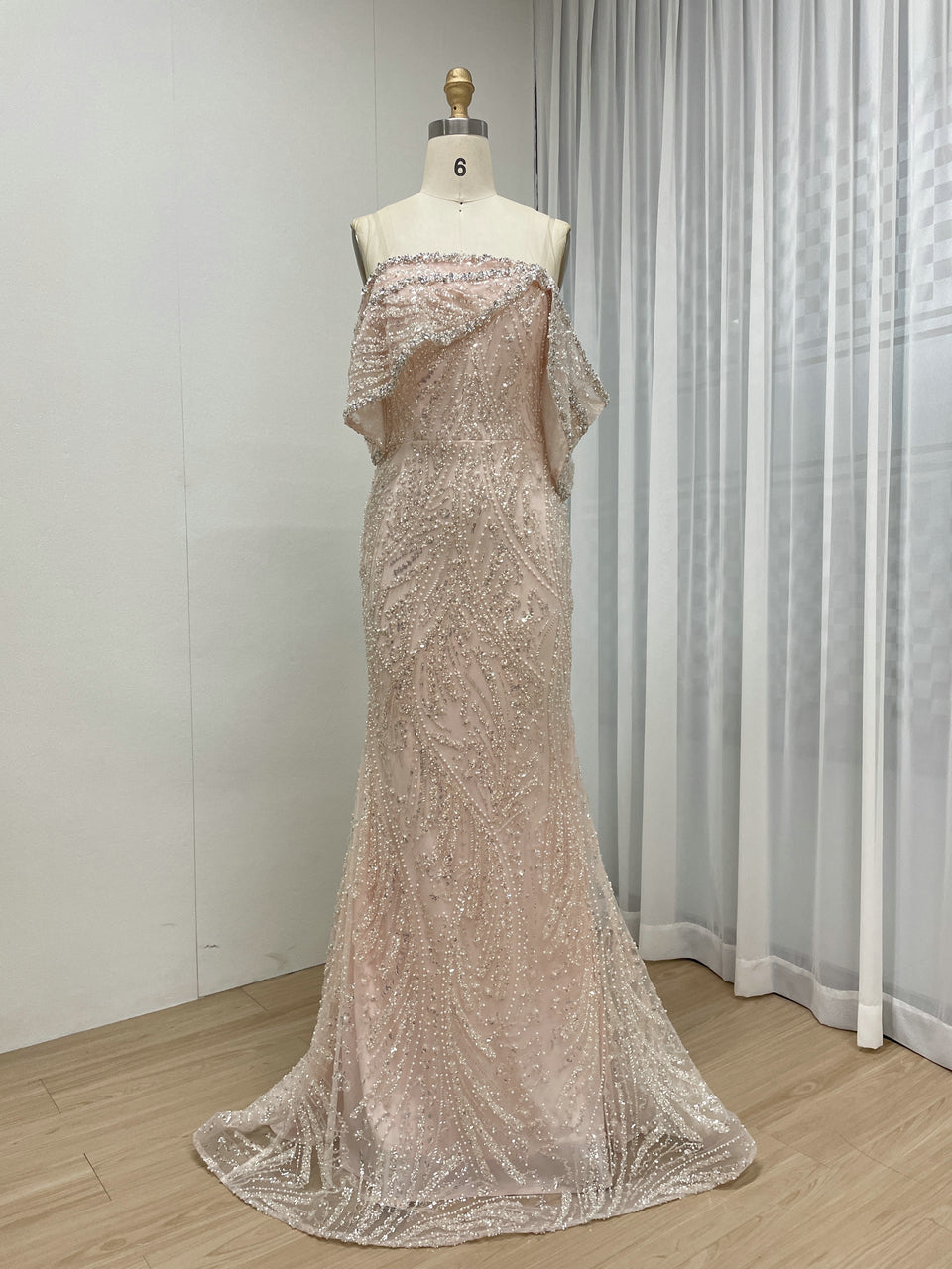 Blush Pink Off-Shoulder Beaded Mermaid Evening Dress Luxury Pearl Embellish MY30141