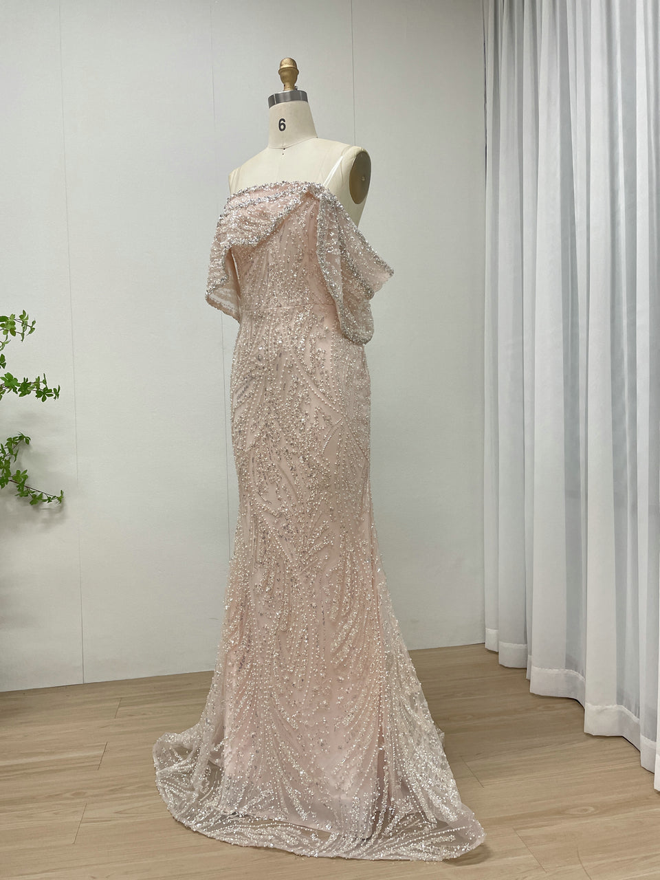 Blush Pink Off-Shoulder Beaded Mermaid Evening Dress Luxury Pearl Embellish MY30141