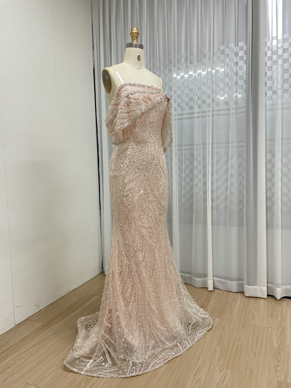 Blush Pink Off-Shoulder Beaded Mermaid Evening Dress Luxury Pearl Embellish MY30141
