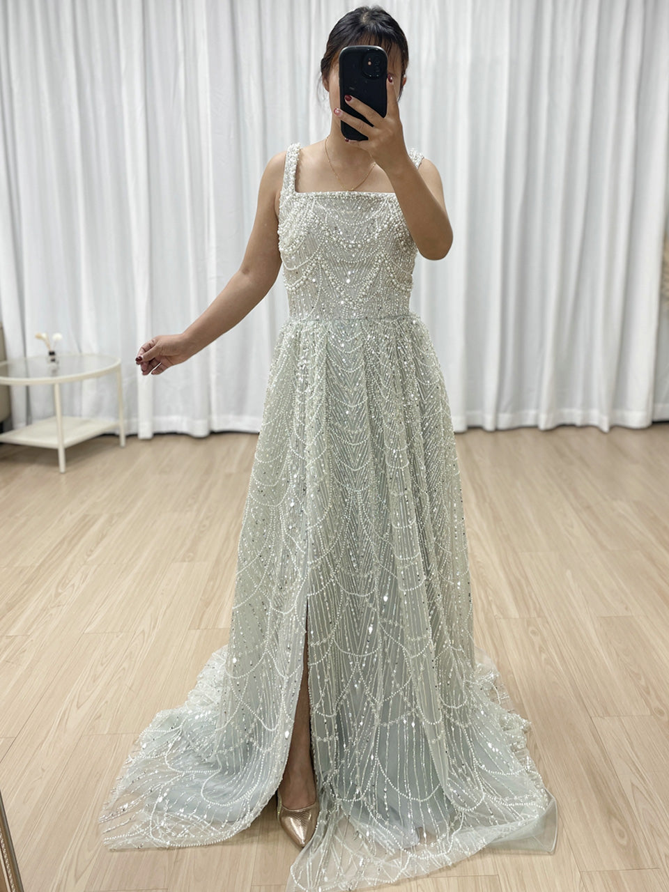Mint Beaded Spaghetti Strap A-Line Evening Gown with Matching Gloves MY30142