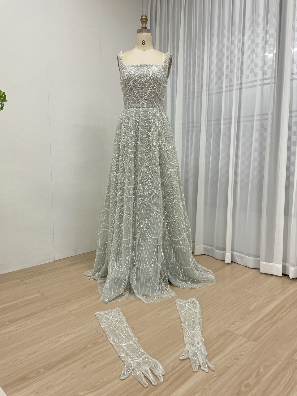 Mint Beaded Spaghetti Strap A-Line Evening Gown with Matching Gloves MY30142