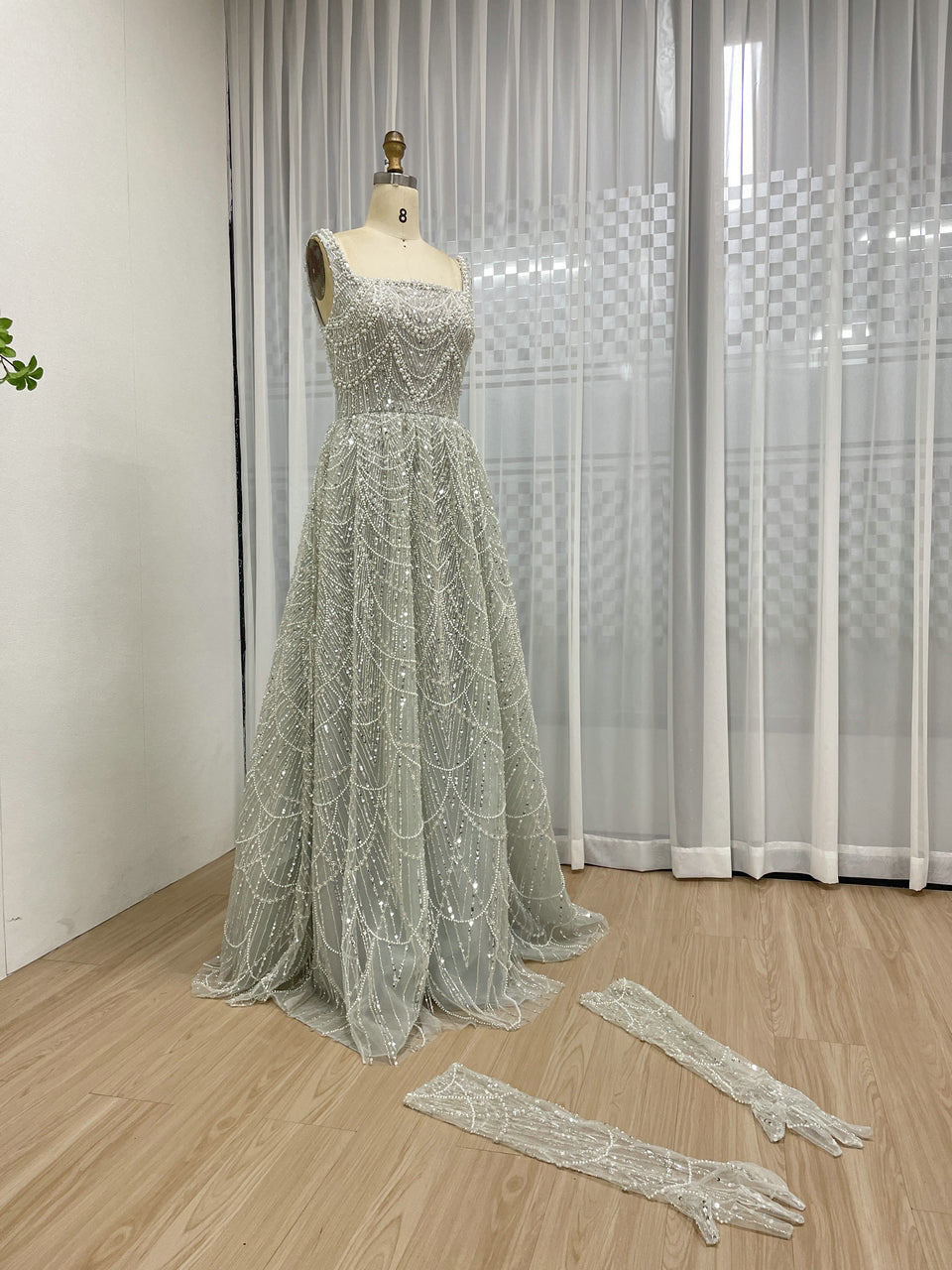 Mint Beaded Spaghetti Strap A-Line Evening Gown with Matching Gloves MY30142