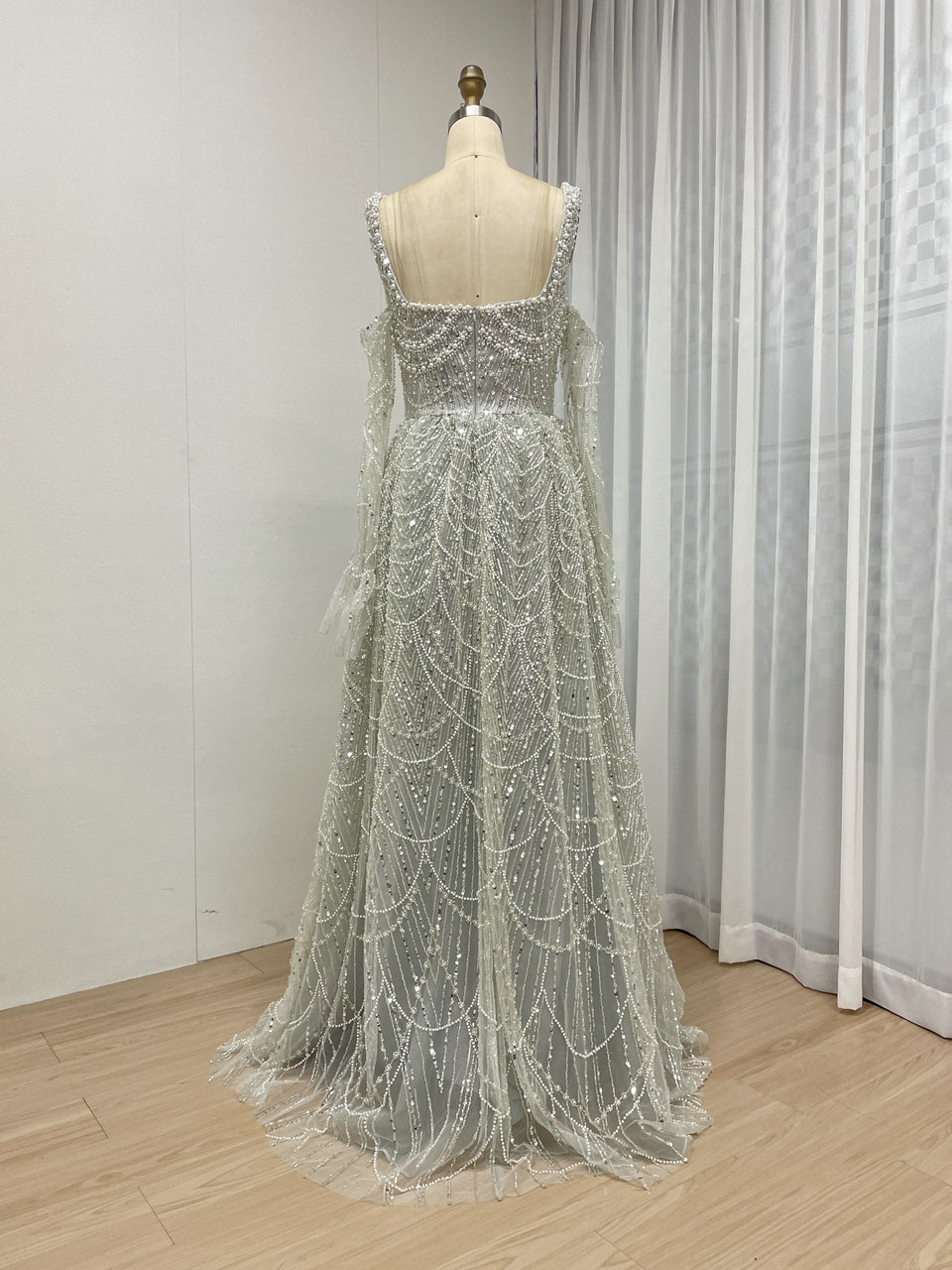 Mint Beaded Spaghetti Strap A-Line Evening Gown with Matching Gloves MY30142