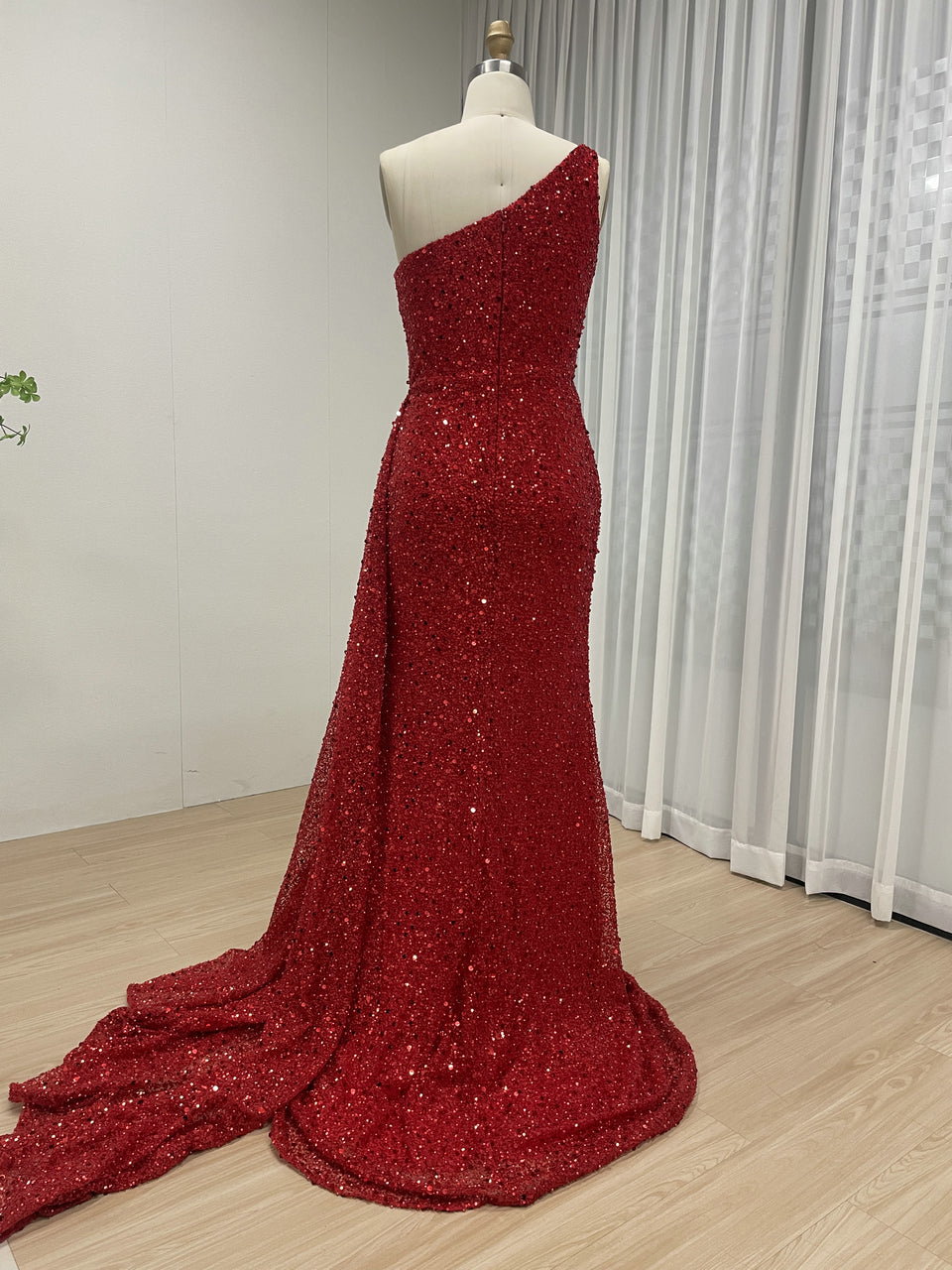 Sparkle Red One Shoulder Mermaid Dress Drape Train Wedding MY30143
