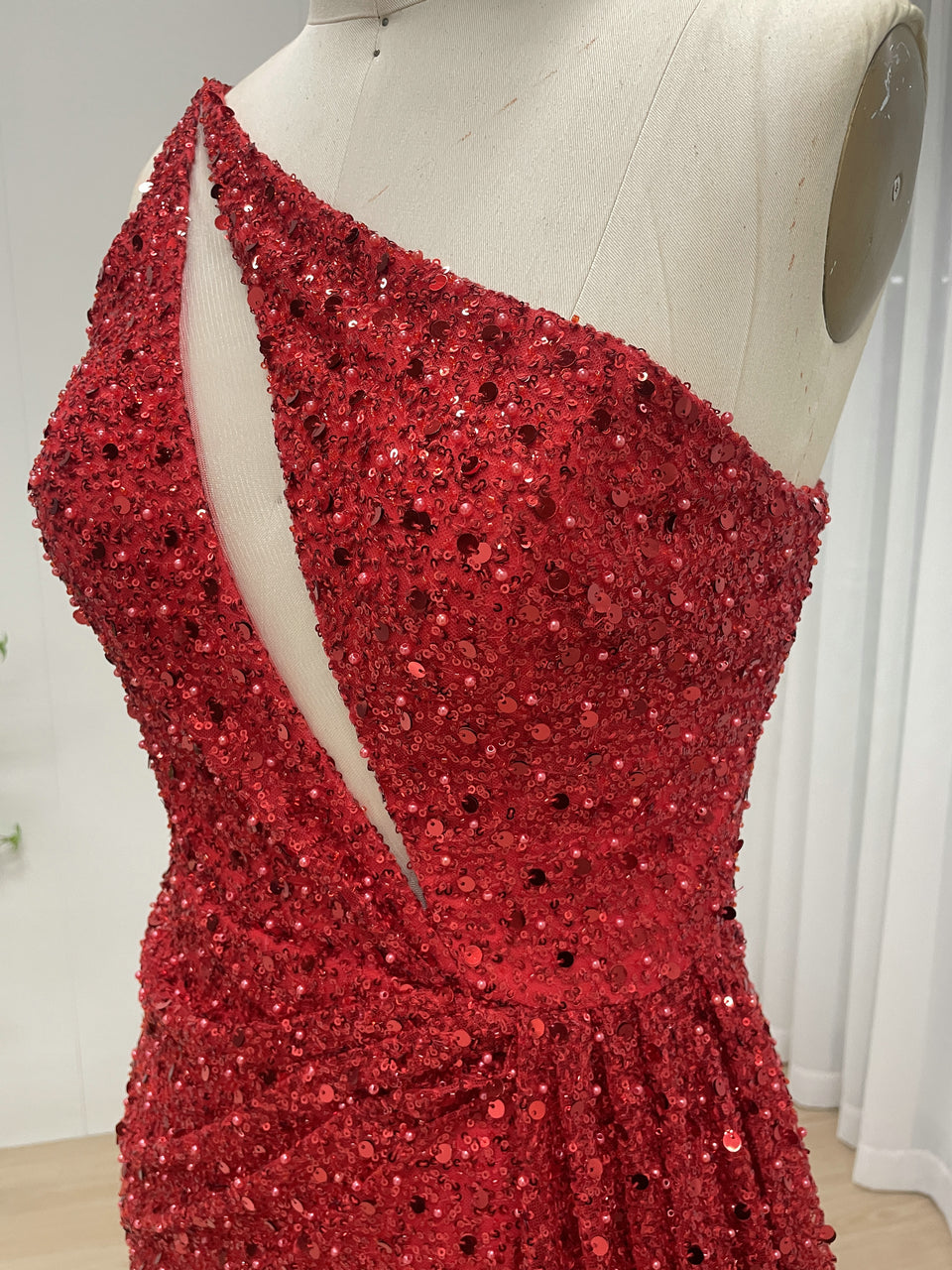 Sparkle Red One Shoulder Mermaid Dress Drape Train Wedding MY30143