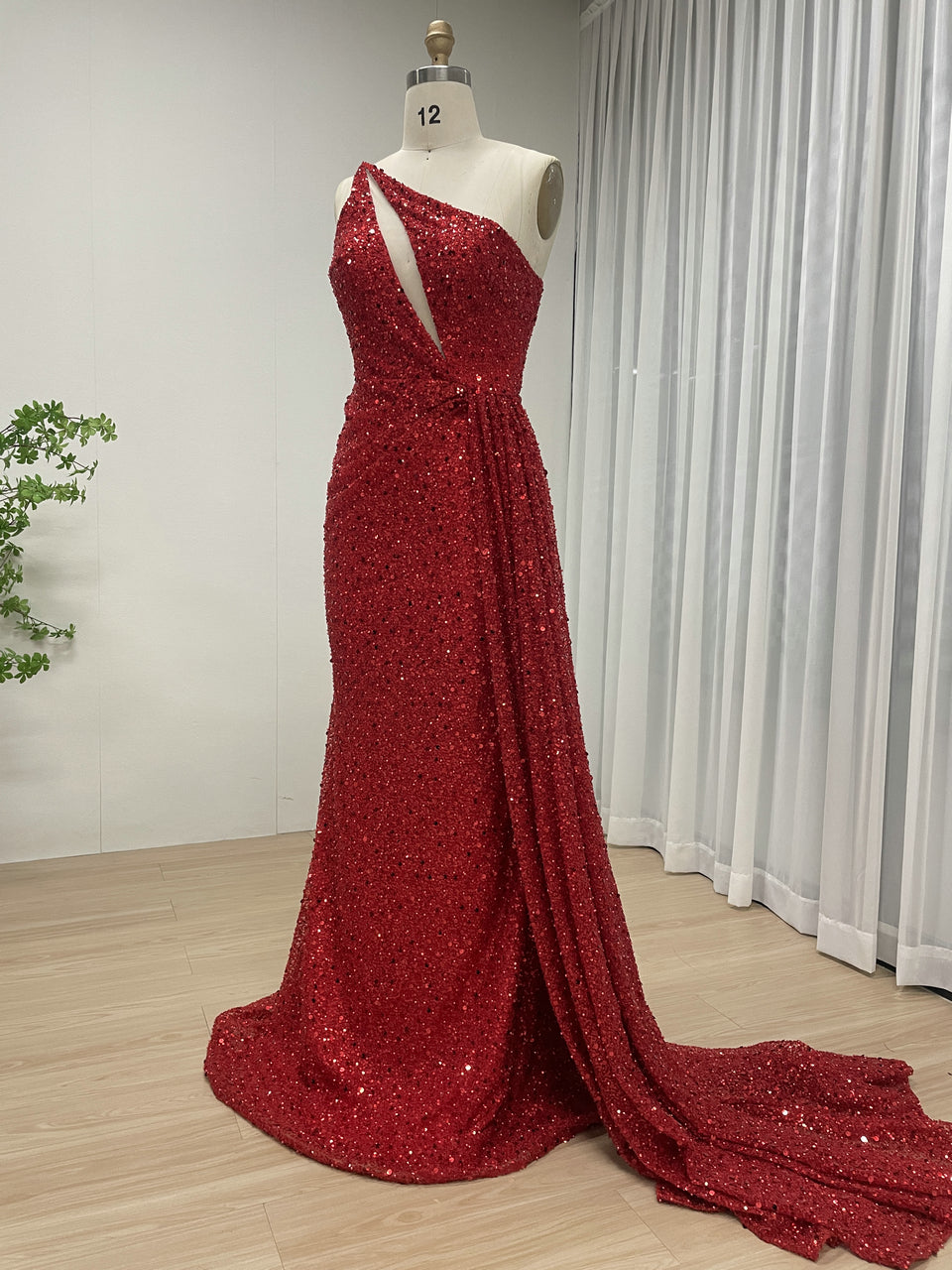 Sparkle Red One Shoulder Mermaid Dress Drape Train Wedding MY30143