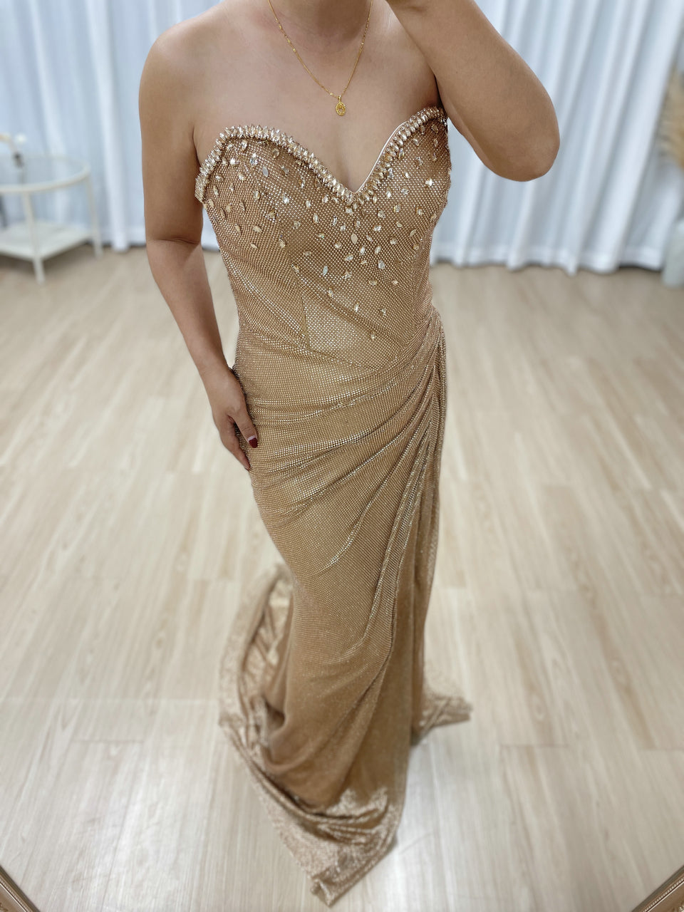 Sparkling Gold Sweetheart Neck Evening Gown High Leg Slit Gathered Fabric Mermaid Fit Banquet Dress for Events MY30145
