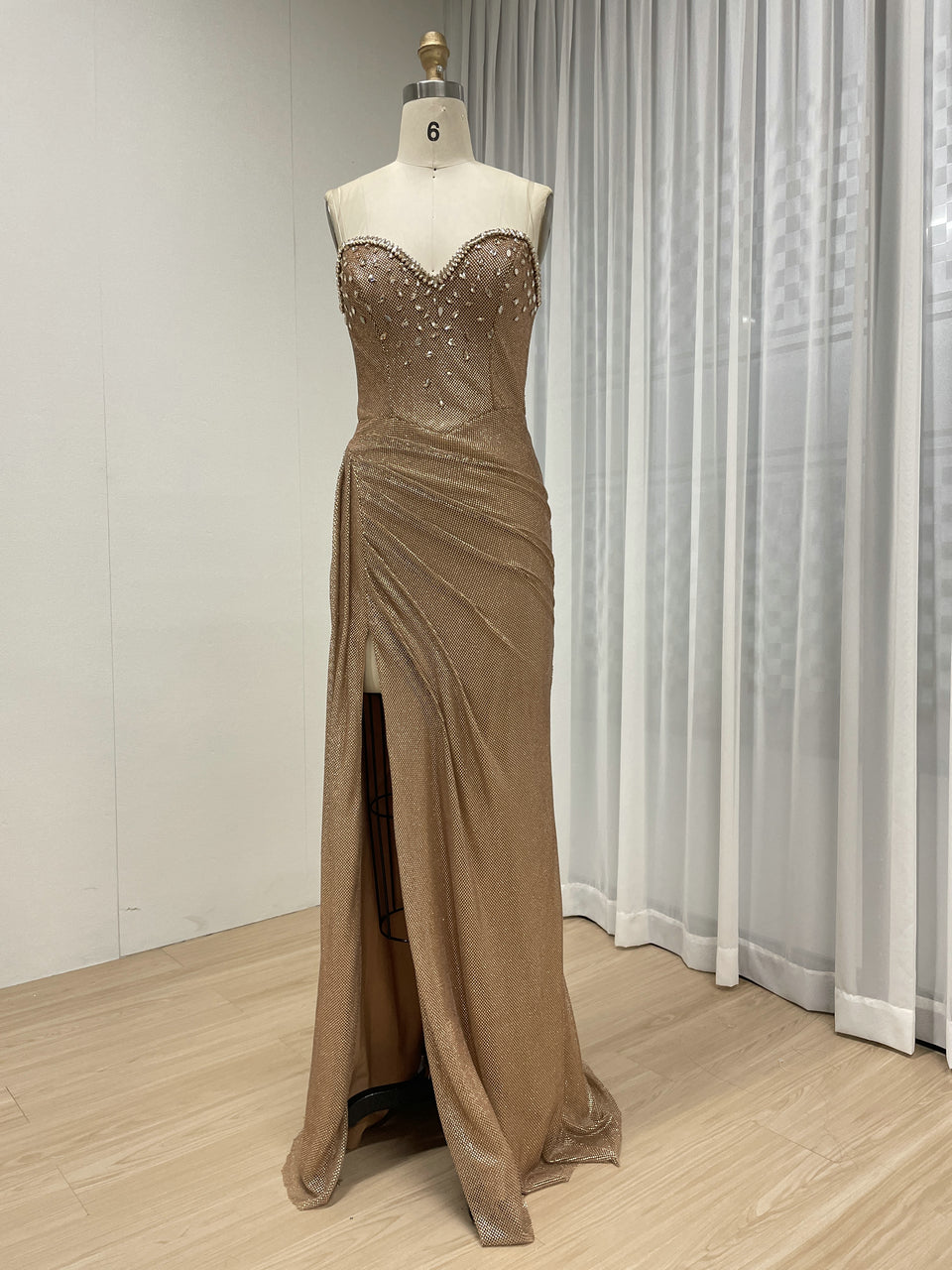 Sparkling Gold Sweetheart Neck Evening Gown High Leg Slit Gathered Fabric Mermaid Fit Banquet Dress for Events MY30145