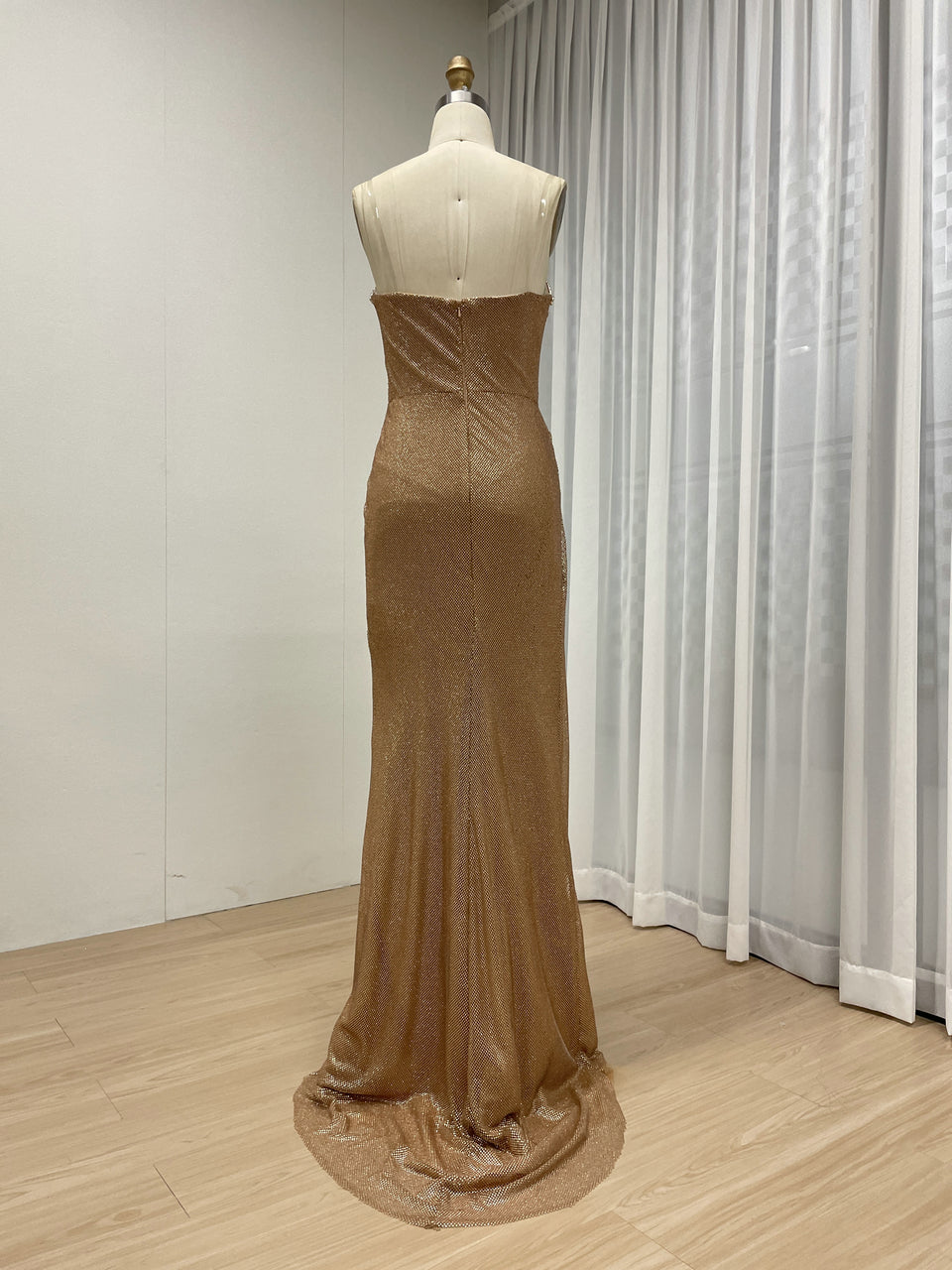 Sparkling Gold Sweetheart Neck Evening Gown High Leg Slit Gathered Fabric Mermaid Fit Banquet Dress for Events MY30145
