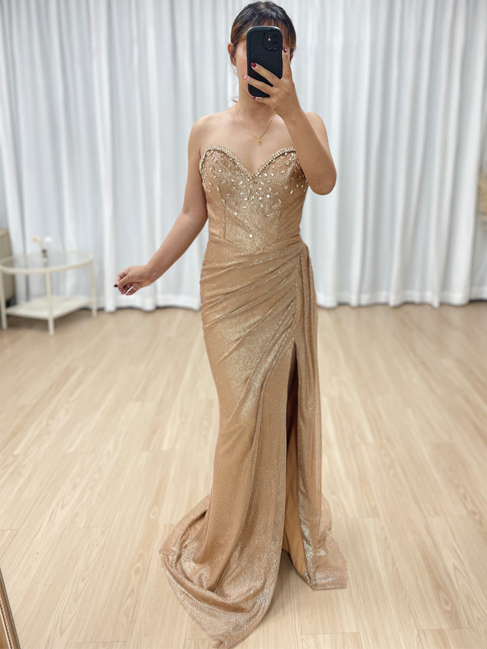 Sparkling Gold Sweetheart Neck Evening Gown High Leg Slit Gathered Fabric Mermaid Fit Banquet Dress for Events MY30145
