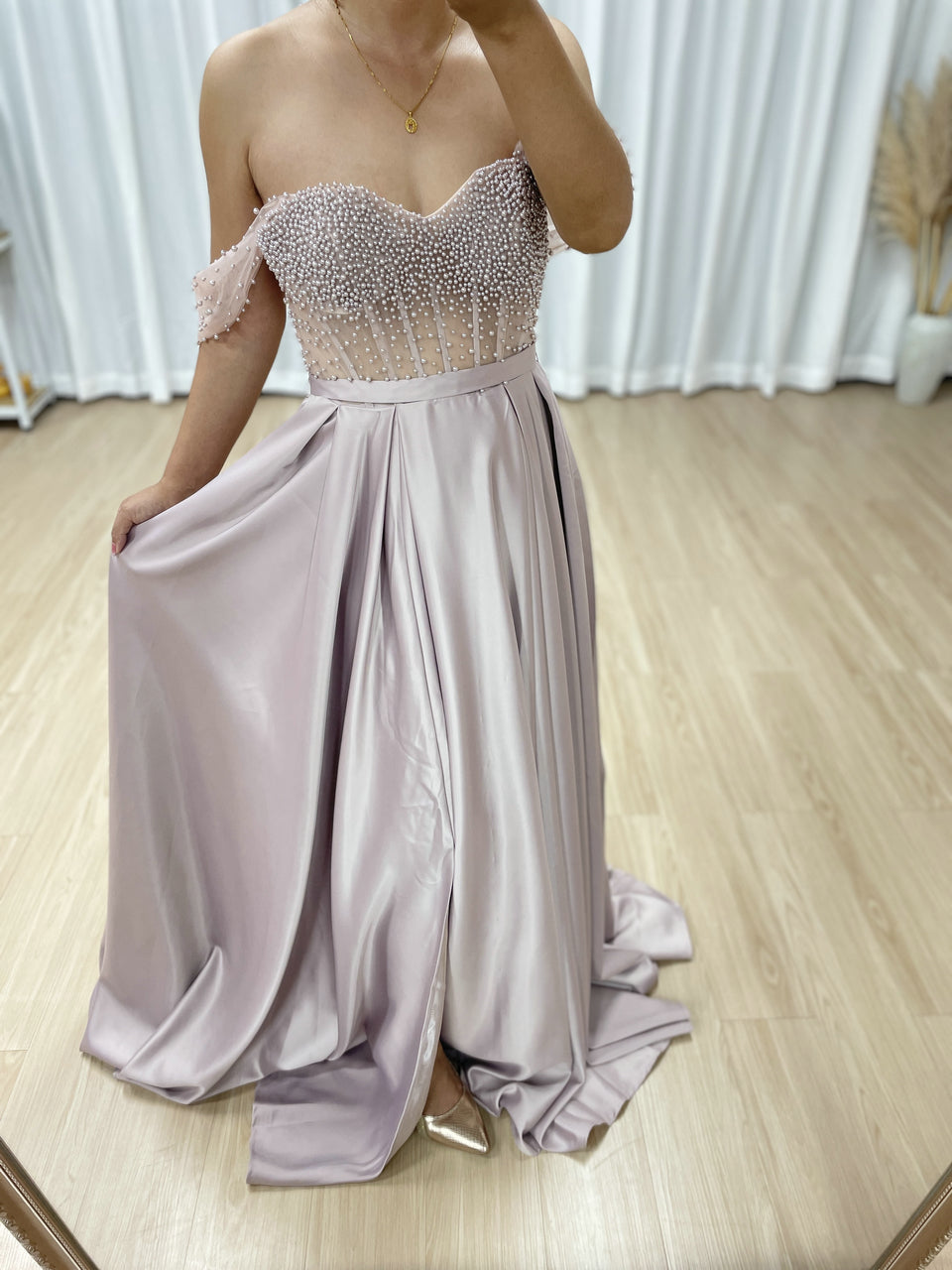 Pink Strapless Beaded Bodice A-Line Evening Dress Satin Skirt Formal Prom MY30150