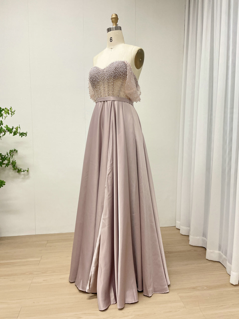 Pink Strapless Beaded Bodice A-Line Evening Dress Satin Skirt Formal Prom MY30150