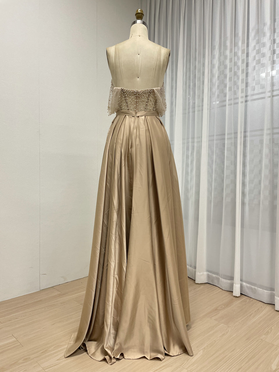 Pink Strapless Beaded Bodice A-Line Evening Dress Satin Skirt Formal Prom MY30150