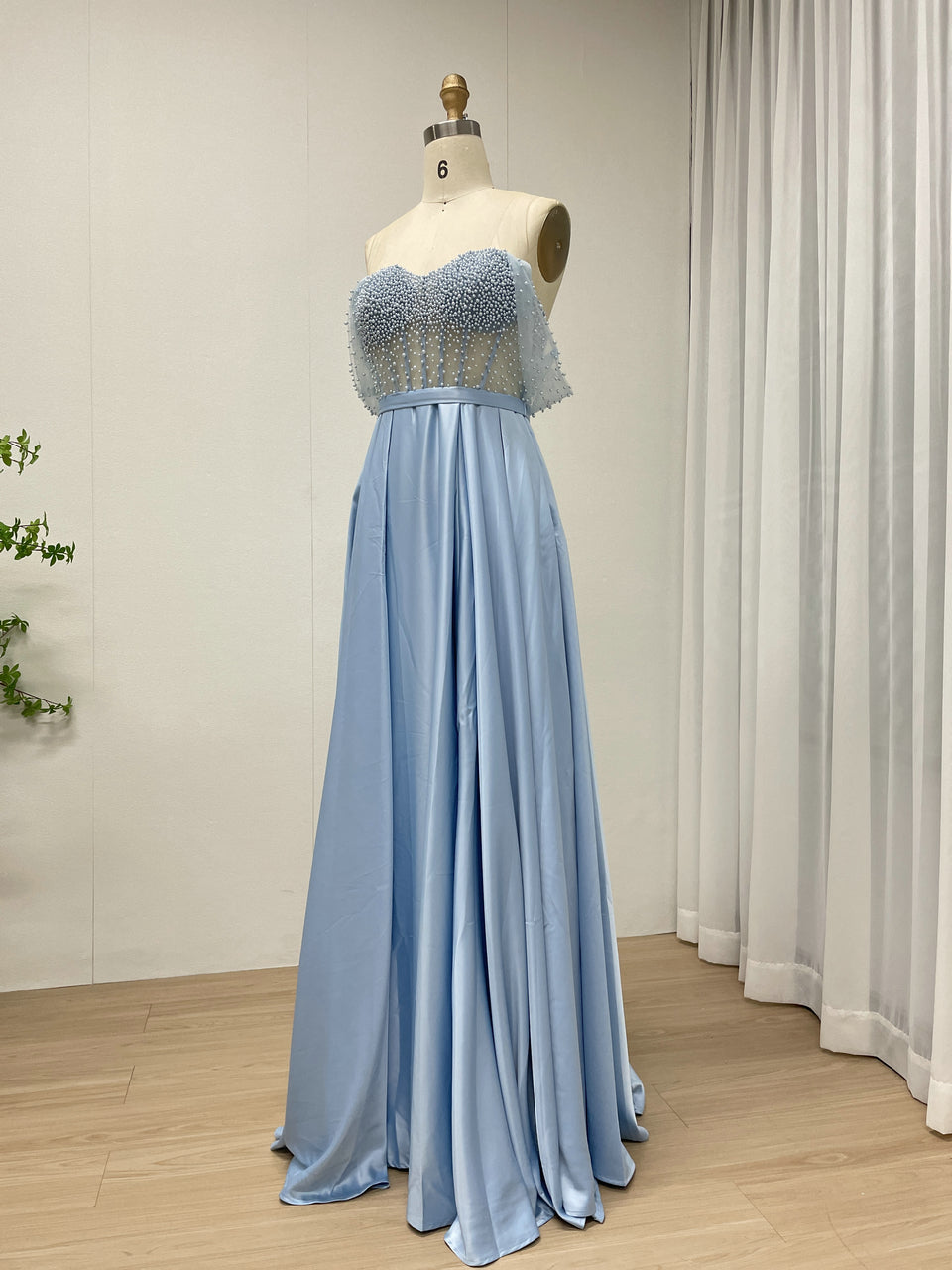 Pink Strapless Beaded Bodice A-Line Evening Dress Satin Skirt Formal Prom MY30150