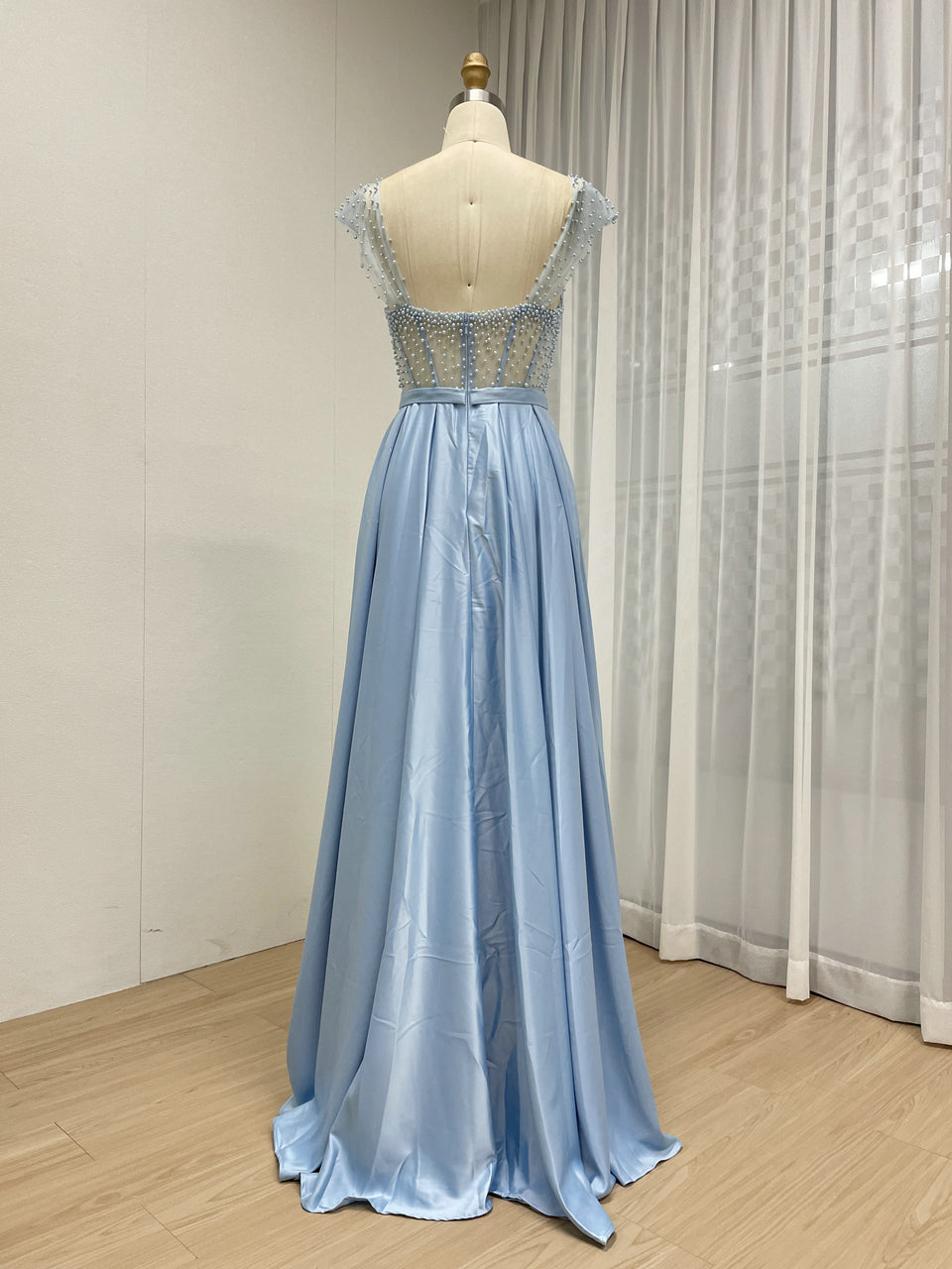 Pink Strapless Beaded Bodice A-Line Evening Dress Satin Skirt Formal Prom MY30150